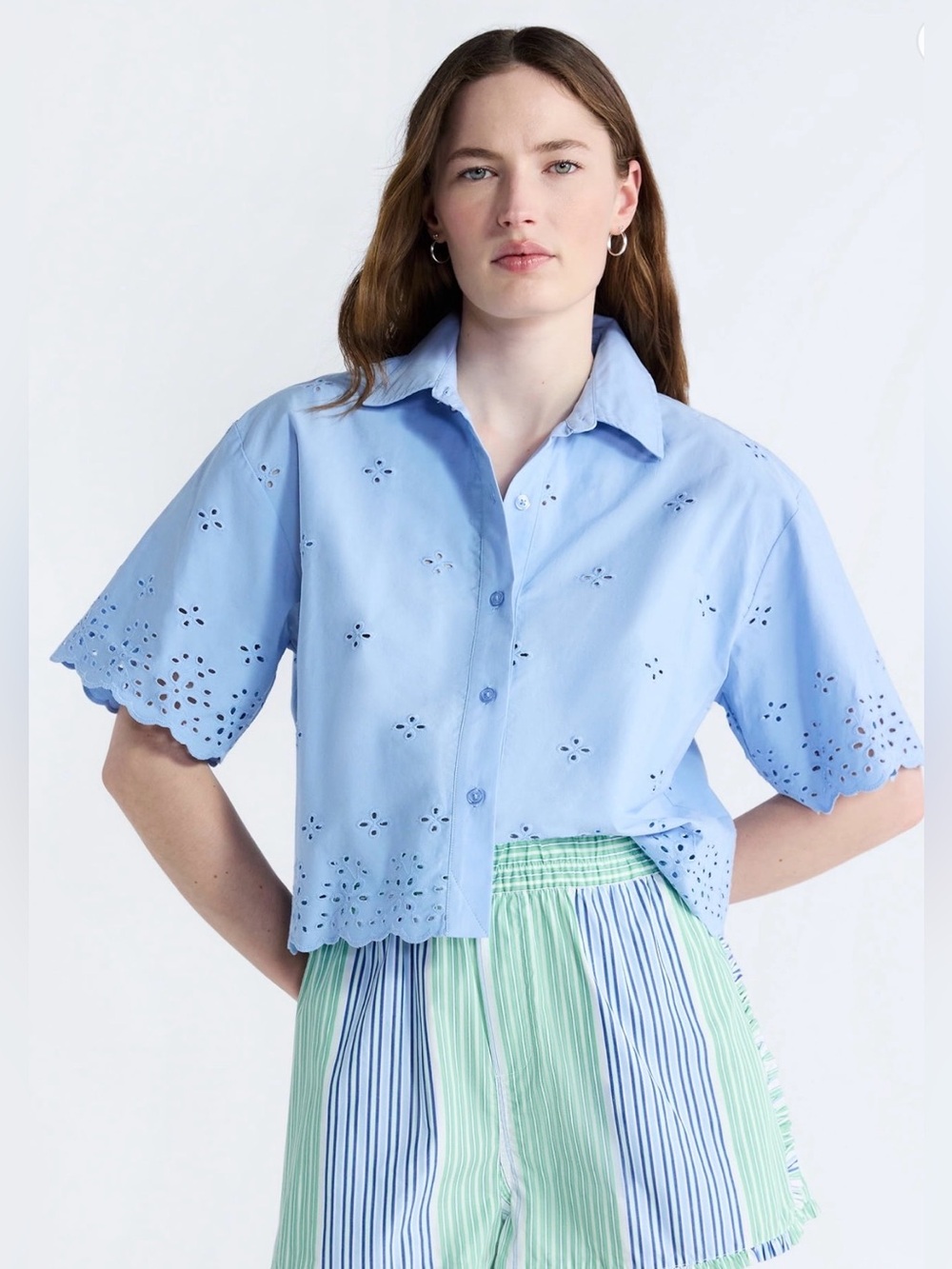 (470)Free Assembly Women's  Cropped Cotton Eyelet Shirt